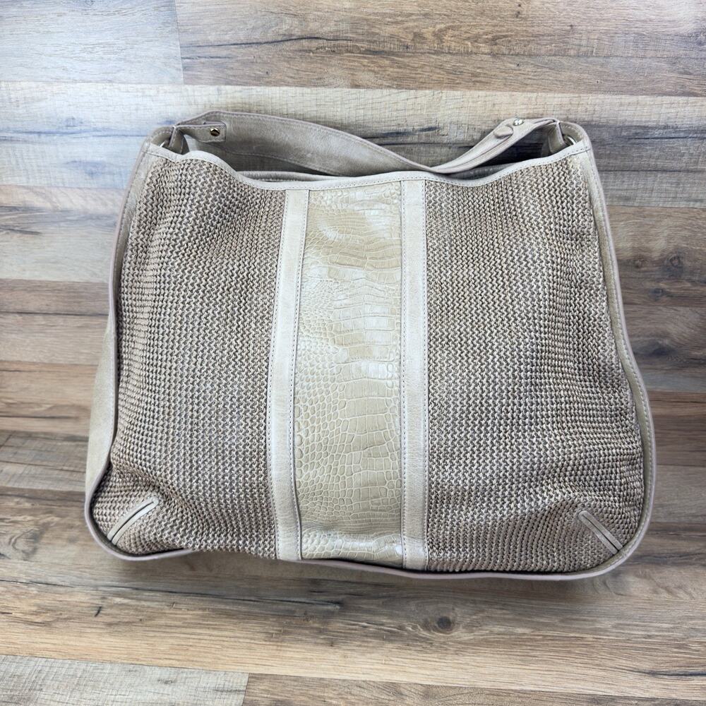 Talbots Large Satchel Snakeskin and Knit Shoulder Bag -Light Brown & Great Cond.